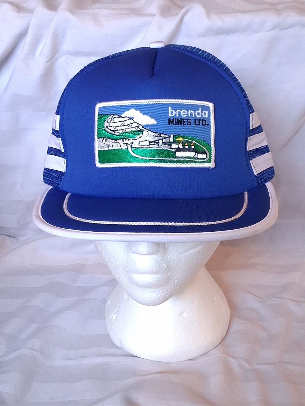 Vintage 1980s 3-Stripe Brenda Mines LTD Blue Trucker Hat Snapback Cap